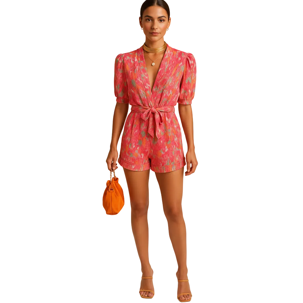 Women’s printed short summer jumpsuit with belt